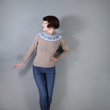 Load image into Gallery viewer, 70s LIGHT BROWN WOOL WITH BLUE AND YELLOW FAIRISLE YOKE JUMPER - S-M