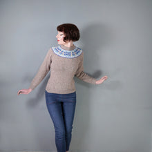 Load image into Gallery viewer, 70s LIGHT BROWN WOOL WITH BLUE AND YELLOW FAIRISLE YOKE JUMPER - S-M