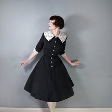 Load image into Gallery viewer, 50s BLACK FIT AND FLARE DRESS WITH POLKA DOT COLLAR AND CUFFS - S