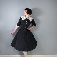 Load image into Gallery viewer, 50s BLACK FIT AND FLARE DRESS WITH POLKA DOT COLLAR AND CUFFS - S