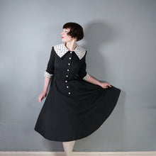 Load image into Gallery viewer, 50s BLACK FIT AND FLARE DRESS WITH POLKA DOT COLLAR AND CUFFS - S