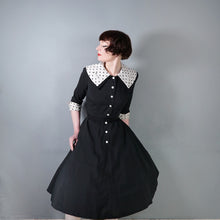 Load image into Gallery viewer, 50s BLACK FIT AND FLARE DRESS WITH POLKA DOT COLLAR AND CUFFS - S