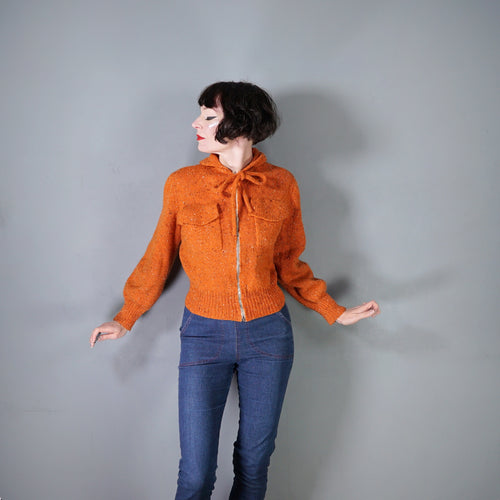 40s style HANDKNITTED BRIGHT ORANGE WOOL CARDIGAN JACKET WITH HOOD - M-L