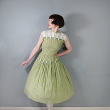Load image into Gallery viewer, 50s GREEN AND WHITE COTTON AND LACE FULL SKIRTED DRESS WITH GROSGRAIN RIBBONS - S