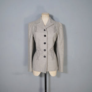 40s GREY WESTERN STYLE FITTED WOOL JACKET WITH PATCHWORK DESIGNS - M