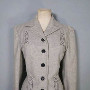 40s GREY WESTERN STYLE FITTED WOOL JACKET WITH PATCHWORK DESIGNS - M