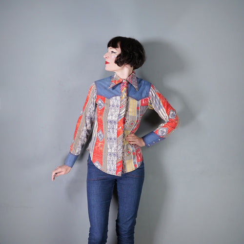 70s 80s PATCHWORK PRINT WESTERN COWBOY SHIRT - XS-S
