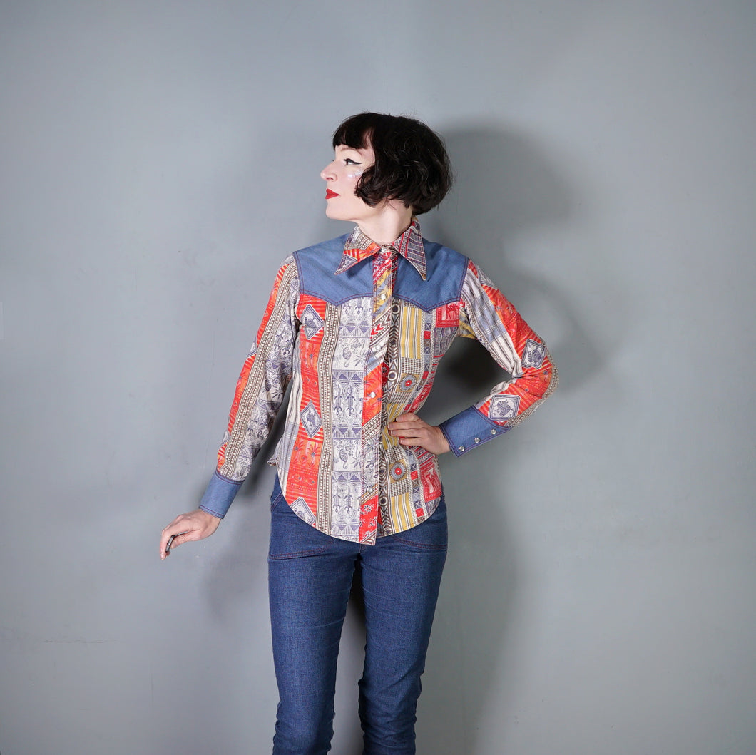 70s 80s PATCHWORK PRINT WESTERN COWBOY SHIRT - XS-S