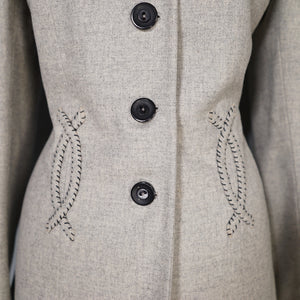 40s GREY WESTERN STYLE FITTED WOOL JACKET WITH PATCHWORK DESIGNS - M