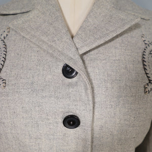 40s GREY WESTERN STYLE FITTED WOOL JACKET WITH PATCHWORK DESIGNS - M