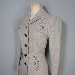 40s GREY WESTERN STYLE FITTED WOOL JACKET WITH PATCHWORK DESIGNS - M
