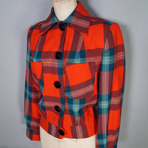 60s does 40s BROWNSTONES RED GREEN TARTAN BOMBER STYLE JACKET - S-M