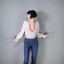 Load image into Gallery viewer, 70s SHEER WHITE AND RED EMBROIDERED HUNGARIAN FOLK BLOUSE - M
