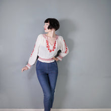 Load image into Gallery viewer, 70s SHEER WHITE AND RED EMBROIDERED HUNGARIAN FOLK BLOUSE - M