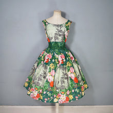 Load image into Gallery viewer, 50s 60s BOLD GREEN FLORAL NOVELTY COTTON DRESS WITH FULL SKIRT - S
