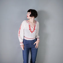 Load image into Gallery viewer, 70s SHEER WHITE AND RED EMBROIDERED HUNGARIAN FOLK BLOUSE - M