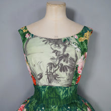 Load image into Gallery viewer, 50s 60s BOLD GREEN FLORAL NOVELTY COTTON DRESS WITH FULL SKIRT - S