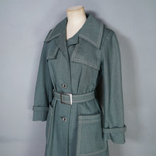 Load image into Gallery viewer, 70s DARK FOREST GREEN DENIM COTTON BELTED TRENCH COAT - S