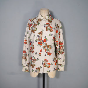 70s MUSHROOM / TOADSTOOL AND SNAIL PRINT NOVELTY AUTUMN SHIRT - L