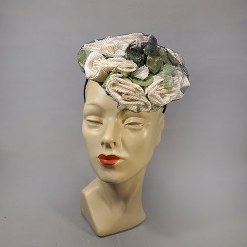 40s WHITE ROSE AND BLACK MESH NET TILT / TOPPER HAT WITH DRAPE