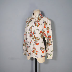 70s MUSHROOM / TOADSTOOL AND SNAIL PRINT NOVELTY AUTUMN SHIRT - L