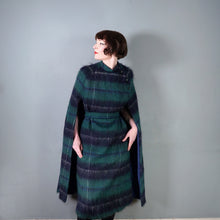 Load image into Gallery viewer, 70s DARK GREEN AND BLACK PLAID MOHAIR LONG CAPE COAT WITH BELT - M