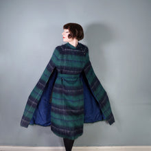 Load image into Gallery viewer, 70s DARK GREEN AND BLACK PLAID MOHAIR LONG CAPE COAT WITH BELT - M