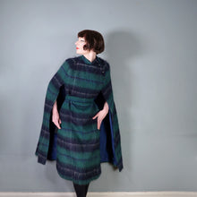 Load image into Gallery viewer, 70s DARK GREEN AND BLACK PLAID MOHAIR LONG CAPE COAT WITH BELT - M