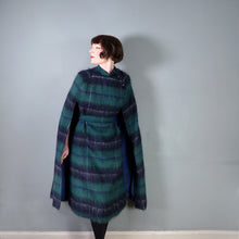 Load image into Gallery viewer, 70s DARK GREEN AND BLACK PLAID MOHAIR LONG CAPE COAT WITH BELT - M