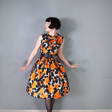 Load image into Gallery viewer, 60s VIVID AND BLACK ORANGE FLORAL ROSE PRINT RUFFLED COTTON DRESS - S
