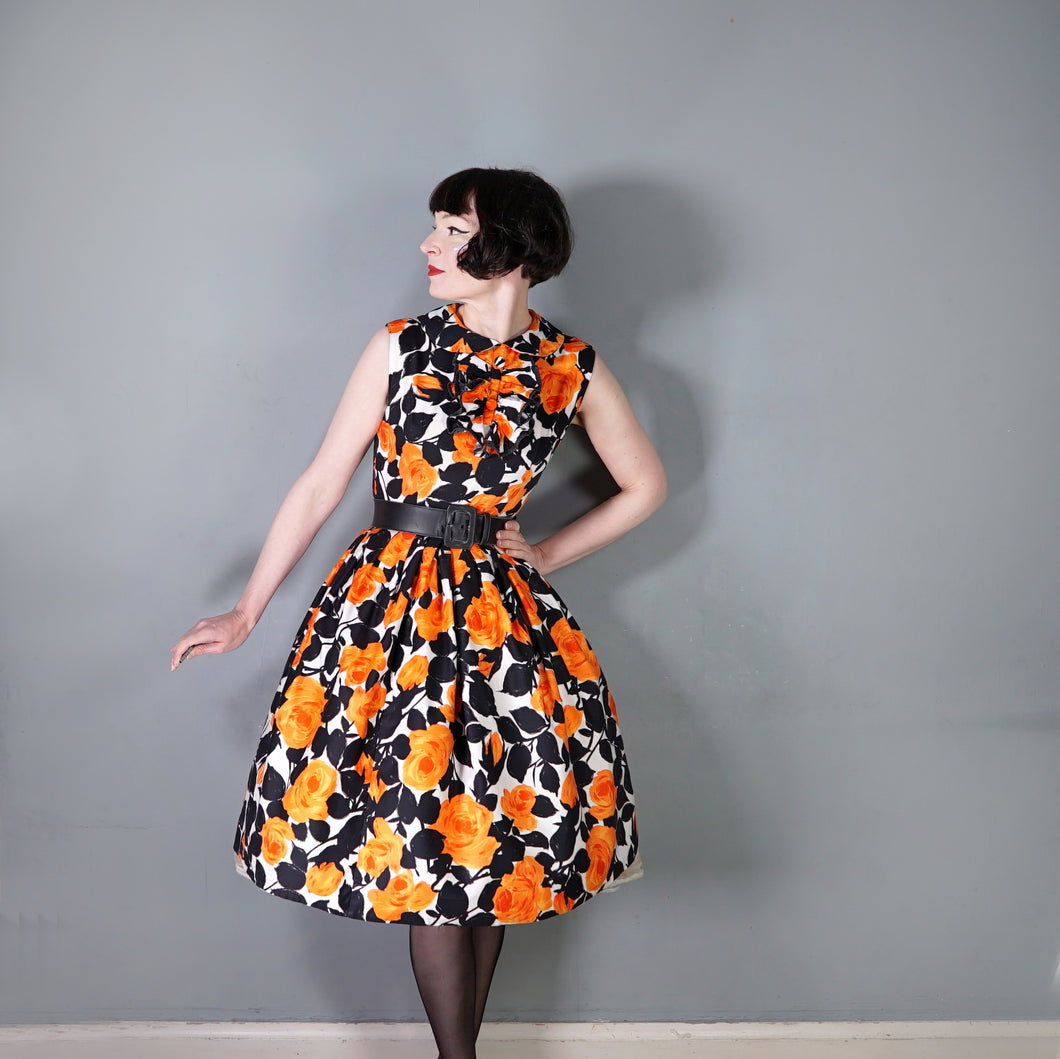 60s VIVID AND BLACK ORANGE FLORAL ROSE PRINT RUFFLED COTTON DRESS - S