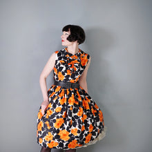 Load image into Gallery viewer, 60s VIVID AND BLACK ORANGE FLORAL ROSE PRINT RUFFLED COTTON DRESS - S