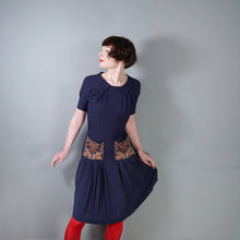 Load image into Gallery viewer, 40s NAVY BLUE RAYON CREPE DRESS WITH BEADED ORANGE POCKETS - XS