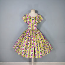 Load image into Gallery viewer, 50s HYVOGUE LIGHT GREEN COTTON DRESS WITH PINK AND PURPLE ROSE PRINT - M