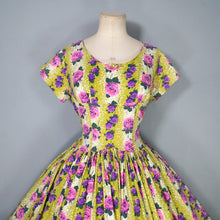 Load image into Gallery viewer, 50s HYVOGUE LIGHT GREEN COTTON DRESS WITH PINK AND PURPLE ROSE PRINT - M