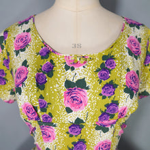 Load image into Gallery viewer, 50s HYVOGUE LIGHT GREEN COTTON DRESS WITH PINK AND PURPLE ROSE PRINT - M