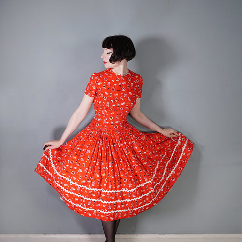 50s RED AUSTRIAN NOVELTY FOLK PRINT FULL SKIRTED COTTON DRESS - S