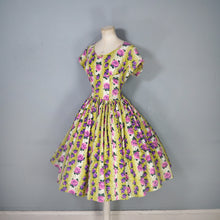 Load image into Gallery viewer, 50s HYVOGUE LIGHT GREEN COTTON DRESS WITH PINK AND PURPLE ROSE PRINT - M