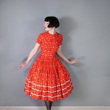 Load image into Gallery viewer, 50s RED AUSTRIAN NOVELTY FOLK PRINT FULL SKIRTED COTTON DRESS - S