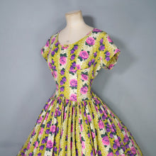 Load image into Gallery viewer, 50s HYVOGUE LIGHT GREEN COTTON DRESS WITH PINK AND PURPLE ROSE PRINT - M