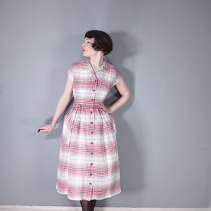 40s RED AND GREY CHECK BUTTON THROUGH RAYON DAY DRESS - S