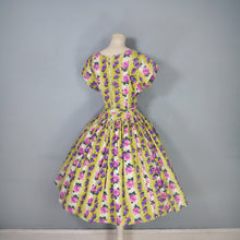 Load image into Gallery viewer, 50s HYVOGUE LIGHT GREEN COTTON DRESS WITH PINK AND PURPLE ROSE PRINT - M