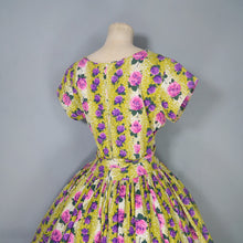 Load image into Gallery viewer, 50s HYVOGUE LIGHT GREEN COTTON DRESS WITH PINK AND PURPLE ROSE PRINT - M