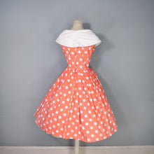 Load image into Gallery viewer, 50s 60s BRIGHT COLOURFUL ORANGE POLKA DOT DRESS WITH SHAWL COLLAR - S