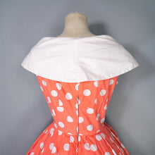 Load image into Gallery viewer, 50s 60s BRIGHT COLOURFUL ORANGE POLKA DOT DRESS WITH SHAWL COLLAR - S