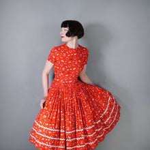 Load image into Gallery viewer, 50s RED AUSTRIAN NOVELTY FOLK PRINT FULL SKIRTED COTTON DRESS - S