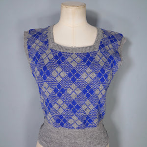 40s SIDE BUTTONED BLUE AND GREY WOOL TANK TOP / JUMPER - S-M