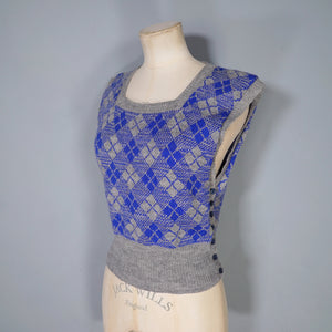 40s SIDE BUTTONED BLUE AND GREY WOOL TANK TOP / JUMPER - S-M