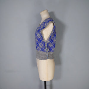 40s SIDE BUTTONED BLUE AND GREY WOOL TANK TOP / JUMPER - S-M