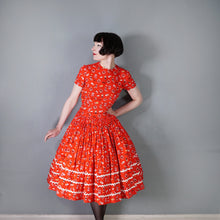 Load image into Gallery viewer, 50s RED AUSTRIAN NOVELTY FOLK PRINT FULL SKIRTED COTTON DRESS - S